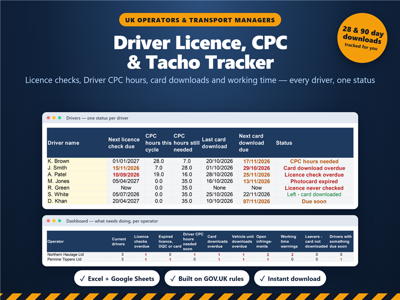 Driver Licence, CPC and Tachograph Tracker spreadsheet