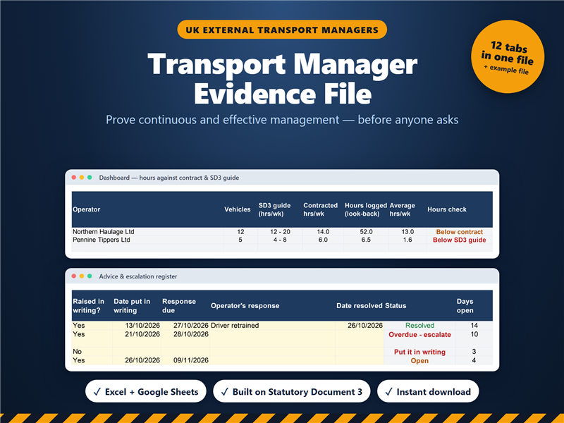 Transport Manager Evidence File spreadsheet